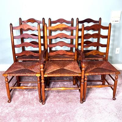 Set of Vintage 6 Solid Wood Cane Seat Dining Chairs including 1 Captains Chair
