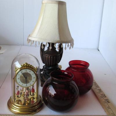 West German Working Revolving Clock, Small Working Lamp, 2 Ruby Red Vases