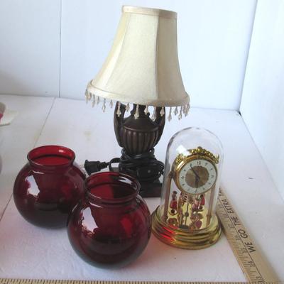 West German Working Revolving Clock, Small Working Lamp, 2 Ruby Red Vases