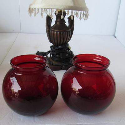 West German Working Revolving Clock, Small Working Lamp, 2 Ruby Red Vases