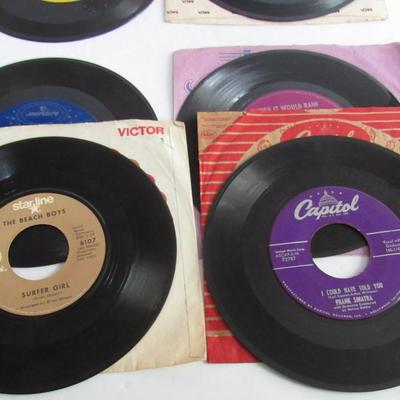 Older 45 Records: Beach Boys, Frank Sanatra, Platters, Les Paul, More & 2 Sleeves Only