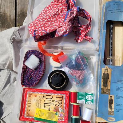 Lot of quilting items and vintage skirt maker, knitting needles, thread Etc