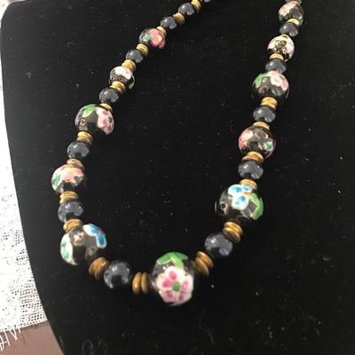 Black Art Glass Floral Beaded Collar Necklace Gold Tone Chain & Spacers