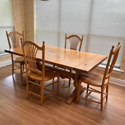 Solid Wood Dining Room Trestle Table With Four (4) Chairs