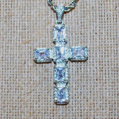 6 Emerald Cut Clear Stone Cross PENDANT (1¾