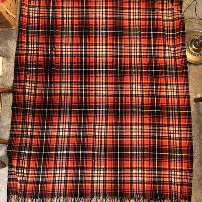 Vintage Plaid Weave Fringed Blanket 51" x 66" in Good Preowned Condition.