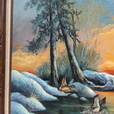 Flying Ducks Into River Painting On Canvas