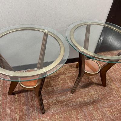 2 round glass top side tables with wood base