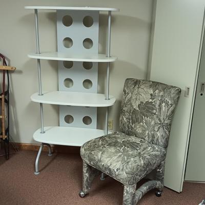 UPHOLSTERED CHAIR ON CASTERS AND A 4 TIER STAND