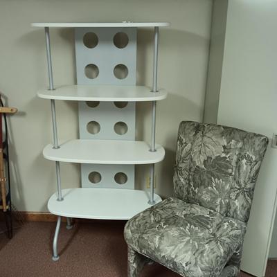 UPHOLSTERED CHAIR ON CASTERS AND A 4 TIER STAND