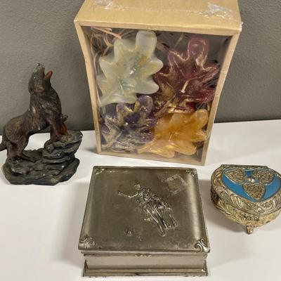 Wolf ceramic, leaf candles and trinket boxes