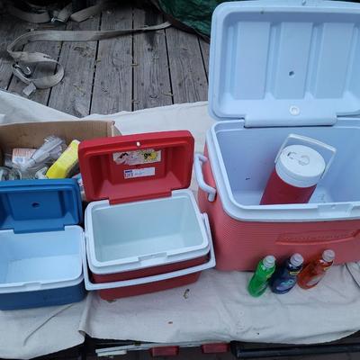 Collection of coolers and spray bottles, soap dispensers & soap