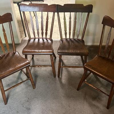 (4) Early American Primitive Hand Made Wooden Kitchen Table Chairs circa1800's in Good Condition.