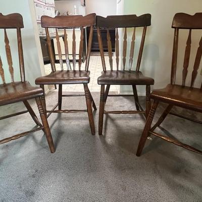 (4) Early American Primitive Hand Made Wooden Kitchen Table Chairs circa1800's in Good Condition.