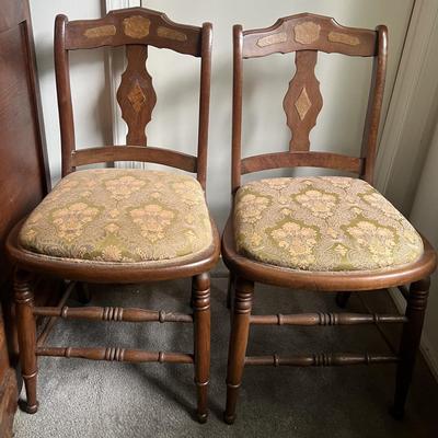 (2) Antique Inlaid Wooden Hand Made Chairs Preowned from an Estate as Pictured.