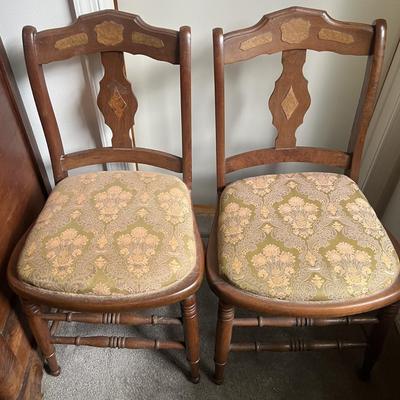 (2) Antique Inlaid Wooden Hand Made Chairs Preowned from an Estate as Pictured.
