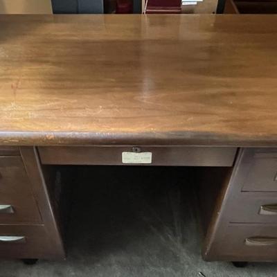 Vintage Mid-Century Heavy Wooden Desk 48.5" x 29" x 28.5" Tall in Fair-Good Condition.