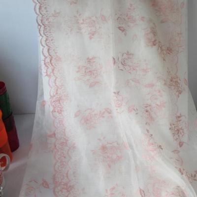 Vintage Sheer Curtain Panels Off White With Pale Pink Floral Design