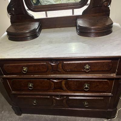 Antique Victorian East Lake Vanity Marble Top Dresser w/Hidden Bottom Draw 84" Tall & 42.5" Wide in Good Preowned Condition.