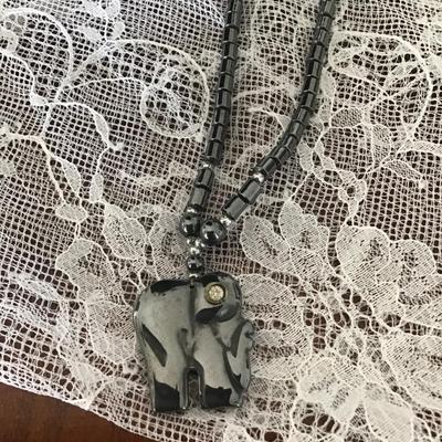 Black Onyx Elephant Chocked Necklace / SS Simulated Diamond As Eye unknown brand