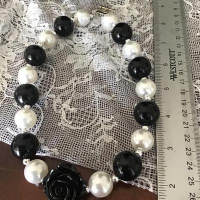 Vintage Chunky Choker Necklace Black & White with black rose Statement