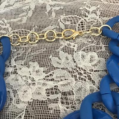 Blue Chunky Chain Link Necklace Gold Tone Statement