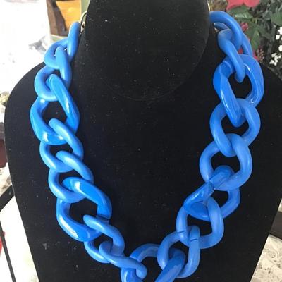 Blue Chunky Chain Link Necklace Gold Tone Statement