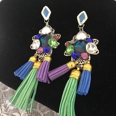 Multi-Color Crystal and Fabric Flower Fun Fashion Chandelier Earrings