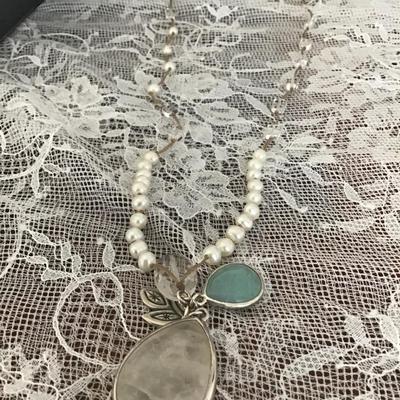 Silpada Sterling Silver Pearl Quartzite Crystal Cord Leaf Long Necklace