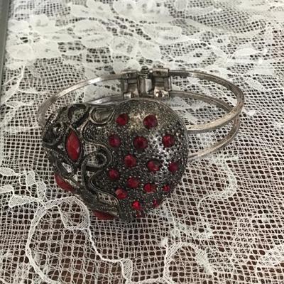 Silver toned red ruby heart rhinestone bracelet