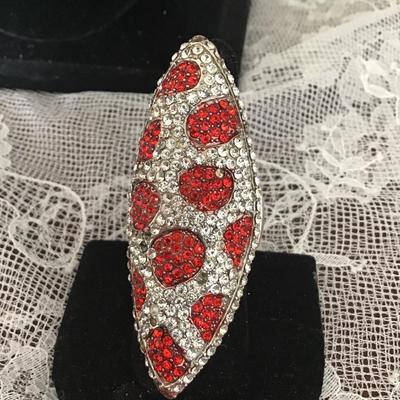 Silver and red Rhinestone long finger adjustable ring
