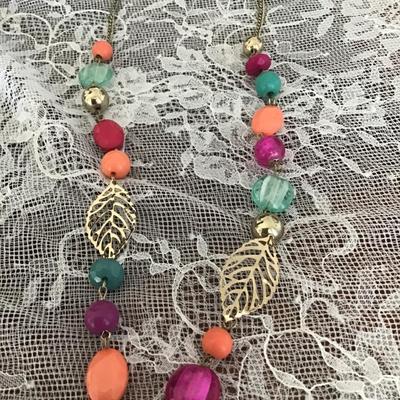 Gold tone leaf colorful beaded long necklace