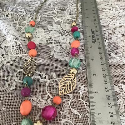 Gold tone leaf colorful beaded long necklace