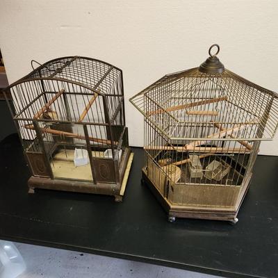 2 Vintage Hanging Wire Bird Cages 1 Etched Glass Doors