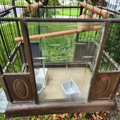 2 Vintage Hanging Wire Bird Cages 1 Etched Glass Doors