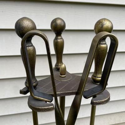 LOT 17L: Vintage Brass Fireplace Tools & Fire Wood Holder