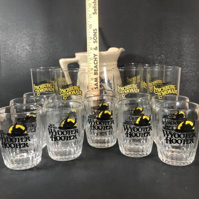 LOT 50L: Jack Daniels Collection: Old No. 7 Tennessee Whiskey Stoneware Pitcher, Wyooter Hooter Glasses & Lynchburg Lemonade Glasses