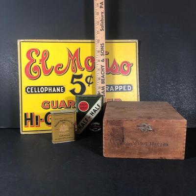 LOT 56L: Vintage Tobacco Collection: El Moriso Sign, Wooden Box, Burley and Bright Tin & Philip Morris & Co Ltd Inc Tin
