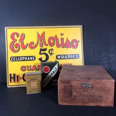 LOT 56L: Vintage Tobacco Collection: El Moriso Sign, Wooden Box, Burley and Bright Tin & Philip Morris & Co Ltd Inc Tin