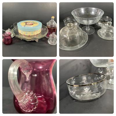 LOT 160D: Collection Of Clear, Etched & Colored Glass - Spinning Cake Stand, Pot Luck By Rosanna Dessert Plates & More