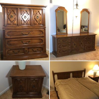 LOT 215/208U: Vintage Carved Bedroom Set: Headboard w/ Two Twin Beds, Dresser, Vanity, Nightstands & Lamps