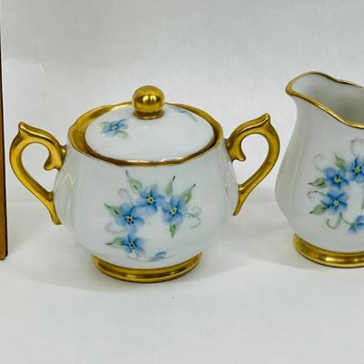 Creamer and Sugar Bowl - white china with blue flowers & gold trim