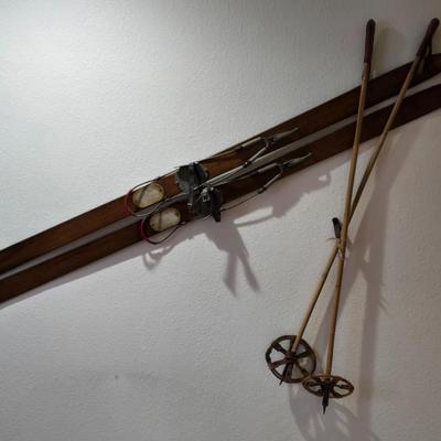 Vintage 71" Wood Skis and Poles
