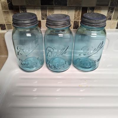 Set of Three Blue Tint Ball Jars with Zinc Lids