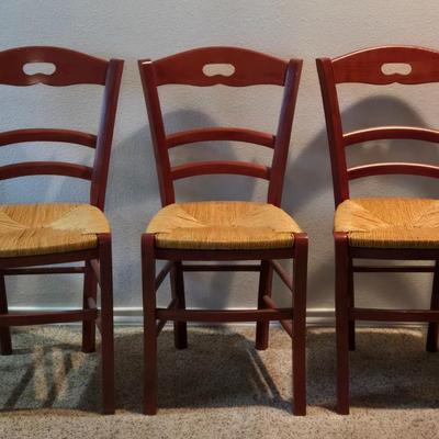 3 Red Woven Rush Seat Chairs