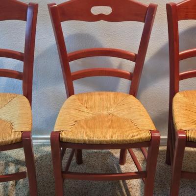 3 Red Woven Rush Seat Chairs