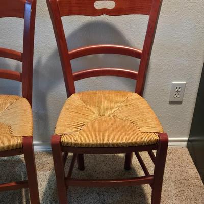 3 Red Woven Rush Seat Chairs