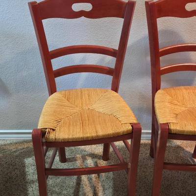 3 Red Woven Rush Seat Chairs