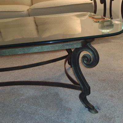 Scroll Design Metal Frame Coffee Table with Glass Top- Approx 31 3/4