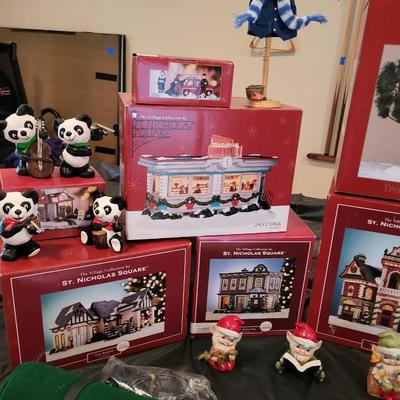 CHRISTMAS VILLAGE BUILDINGS AND 0THER DECORATIONS